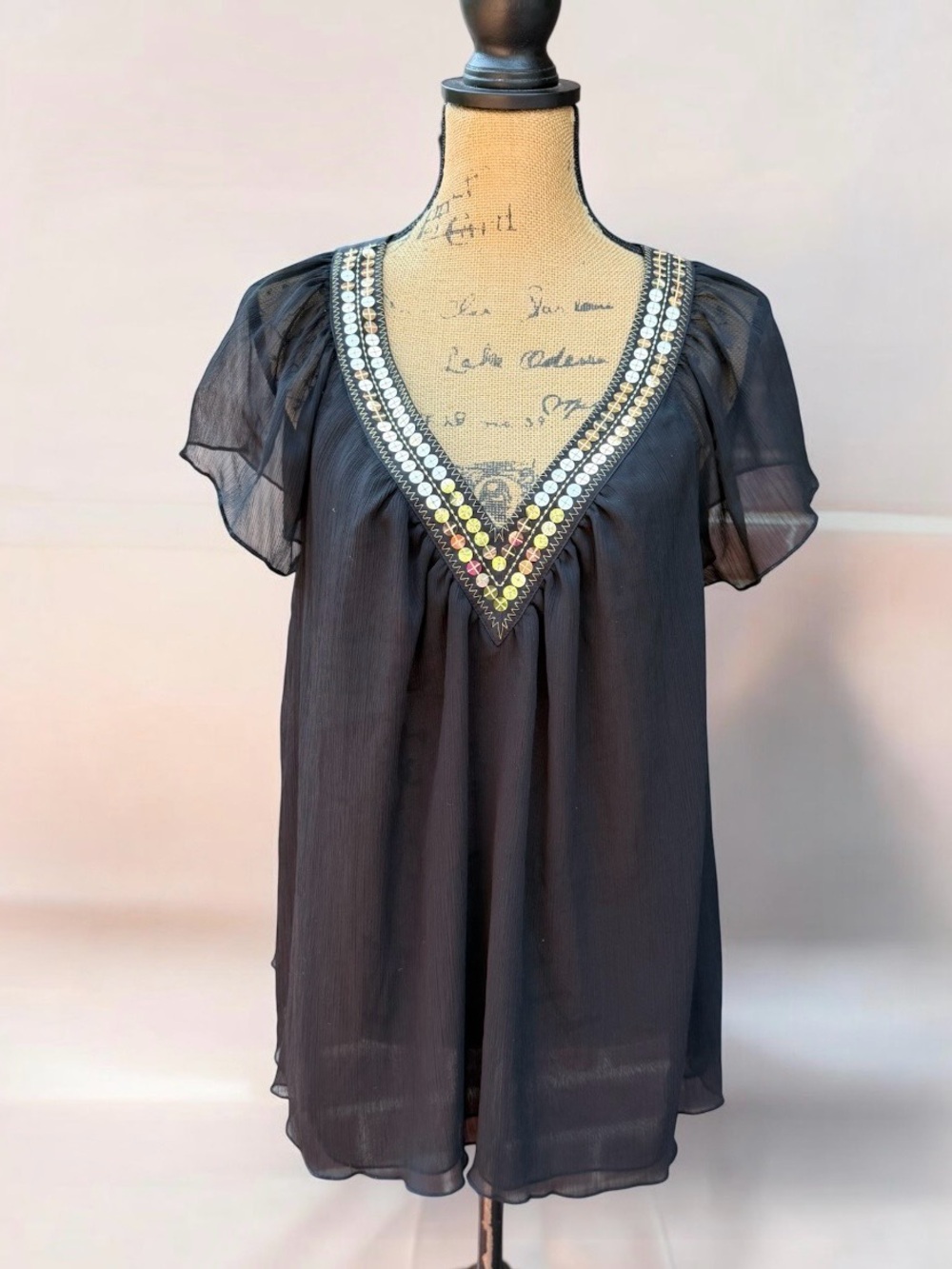 Black V-Neck Embellished Sheer Women’s Top